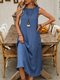 Vestido Midi Azul em Linho sem Forro com Bolsos Laterais – Estilo Leve e Atemporal