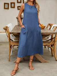 Vestido Midi Azul em Linho sem Forro com Bolsos Laterais – Estilo Leve e Atemporal