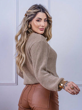 Blusa cropped feminina de tricot manga bufante lisa outono inverno