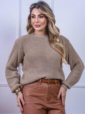Blusa cropped feminina de tricot manga bufante lisa outono inverno