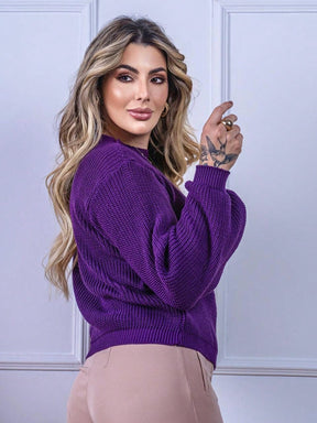Blusa cropped feminina de tricot manga bufante lisa outono inverno