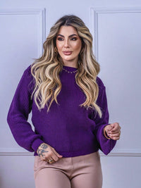 Blusa cropped feminina de tricot manga bufante lisa outono inverno