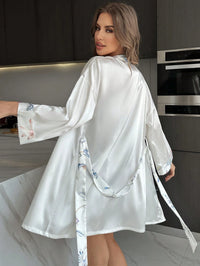 SilkySpell Conjunto de Camisola e Roupão de Dormir com Estampa de Flor e Renda, 2 Peças Conjunto Branco de Lingerie Nupcial, Roupas de Outono e Inverno