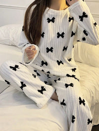 2 Peças Conjunto de Pijama com Laço de Fleece de Coral, Pijama Felpudo de Inverno, Conjunto de Roupa de Dormir Minimalista Estampado, Conjunto de Duas Peças, Roupas de Outono e Inverno, Confortável
