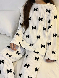 2 Peças Conjunto de Pijama com Laço de Fleece de Coral, Pijama Felpudo de Inverno, Conjunto de Roupa de Dormir Minimalista Estampado, Conjunto de Duas Peças, Roupas de Outono e Inverno, Confortável