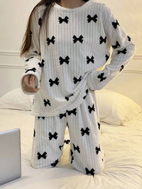 2 Peças Conjunto de Pijama com Laço de Fleece de Coral, Pijama Felpudo de Inverno, Conjunto de Roupa de Dormir Minimalista Estampado, Conjunto de Duas Peças, Roupas de Outono e Inverno, Confortável