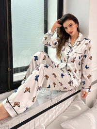 Conjunto de Pijama com Manga Longa e Gola de Camisa, Estampa de Borboleta em Poliéster