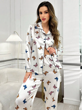 Conjunto de Pijama com Manga Longa e Gola de Camisa, Estampa de Borboleta em Poliéster