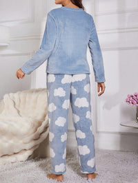 SHEIN Conjunto de Pijama Flanelado Bordado de Cílios de Manga Longa Fofo, Roupas de Outono e Inverno, Confortável