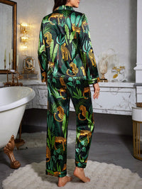 LuxeNights Conjunto de Pijama com Top de Lapela e Calça com Estampa de Leopardo Falso Seda, Roupas de Outono e Inverno, Detalhes Aconchegantes e Elegantes