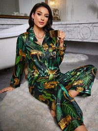 LuxeNights Conjunto de Pijama com Top de Lapela e Calça com Estampa de Leopardo Falso Seda, Roupas de Outono e Inverno, Detalhes Aconchegantes e Elegantes
