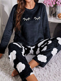 SHEIN Conjunto de Pijama Flanelado Bordado de Cílios de Manga Longa Fofo, Roupas de Outono e Inverno, Confortável