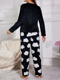 SHEIN Conjunto de Pijama Flanelado Bordado de Cílios de Manga Longa Fofo, Roupas de Outono e Inverno, Confortável