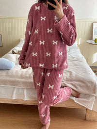 2 Peças Conjunto de Pijama com Laço de Fleece de Coral, Pijama Felpudo de Inverno, Conjunto de Roupa de Dormir Minimalista Estampado, Conjunto de Duas Peças, Roupas de Outono e Inverno, Confortável