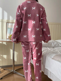 2 Peças Conjunto de Pijama com Laço de Fleece de Coral, Pijama Felpudo de Inverno, Conjunto de Roupa de Dormir Minimalista Estampado, Conjunto de Duas Peças, Roupas de Outono e Inverno, Confortável