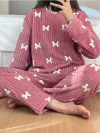 2 Peças Conjunto de Pijama com Laço de Fleece de Coral, Pijama Felpudo de Inverno, Conjunto de Roupa de Dormir Minimalista Estampado, Conjunto de Duas Peças, Roupas de Outono e Inverno, Confortável