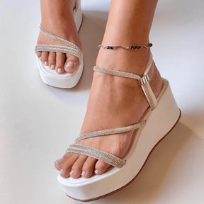 Sandália Anabela Plataforma Regulador Strass Feminina