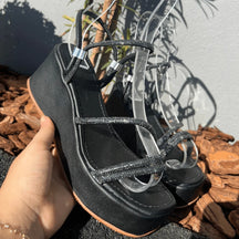 Sandália Anabela Plataforma Regulador Strass Feminina