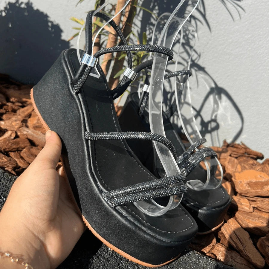 Sandália Anabela Plataforma Regulador Strass Feminina