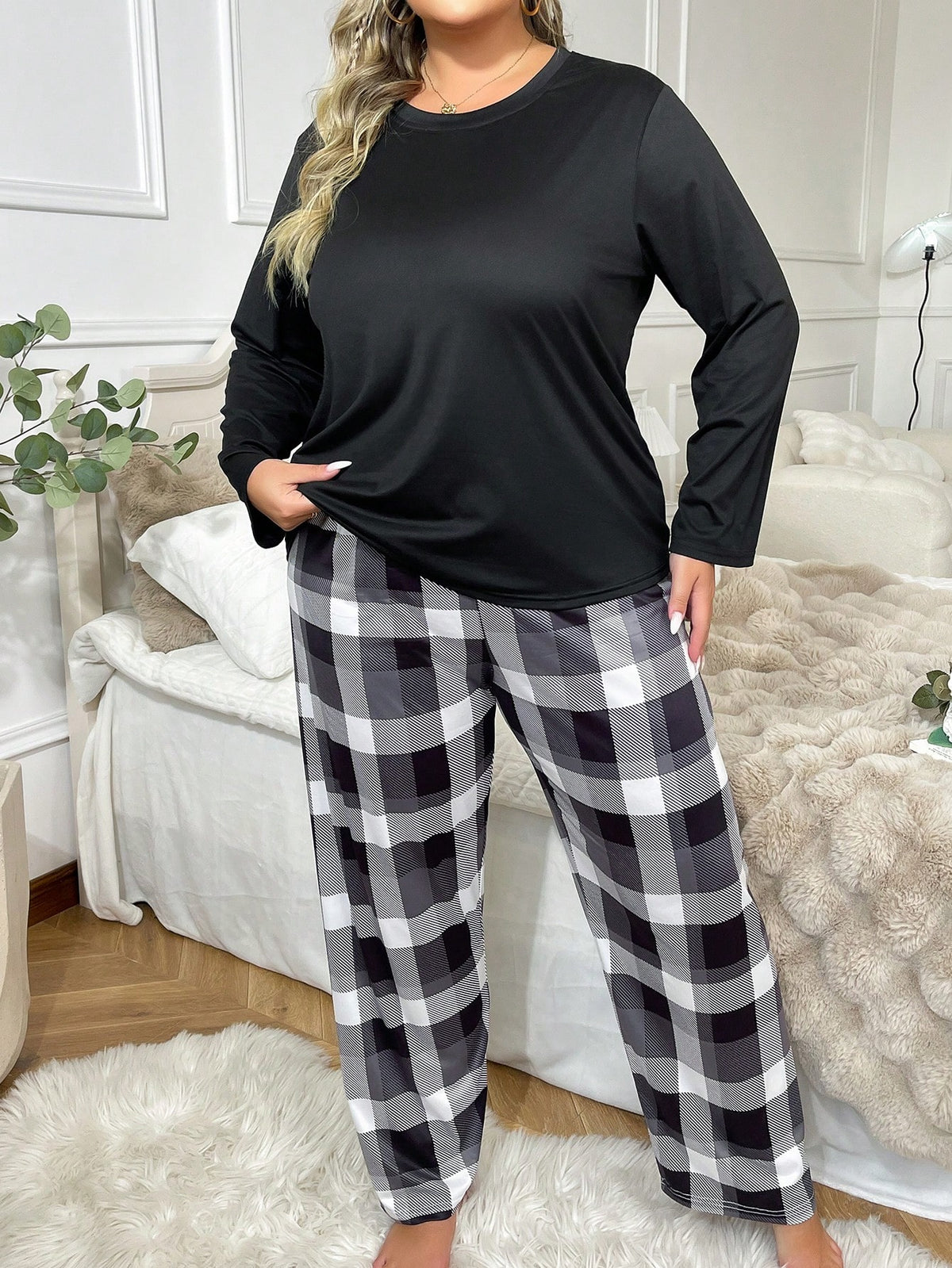 Conjunto De Pijama Feminino Plus Size De Manga Comprida E Calça Xadrez