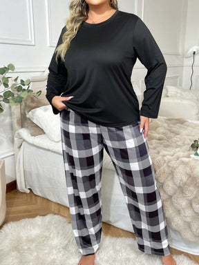Conjunto De Pijama Feminino Plus Size De Manga Comprida E Calça Xadrez