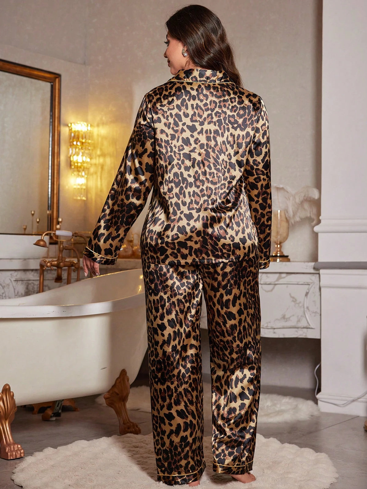 Pijama Feminino Plus Size de Cetim Onça Luxo - Nelima