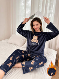 SHEIN 2 Peças Conjunto de Pijama Longo Felpudo com Bordado de Urso de Pelúcia Feminino, Outono/Inverno, Roupas de Outono e Inverno, Aconchegante