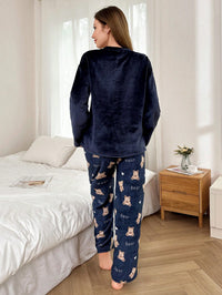 SHEIN 2 Peças Conjunto de Pijama Longo Felpudo com Bordado de Urso de Pelúcia Feminino, Outono/Inverno, Roupas de Outono e Inverno, Aconchegante