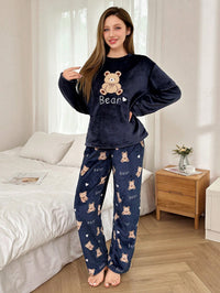 SHEIN 2 Peças Conjunto de Pijama Longo Felpudo com Bordado de Urso de Pelúcia Feminino, Outono/Inverno, Roupas de Outono e Inverno, Aconchegante
