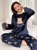 SHEIN 2 Peças Conjunto de Pijama Longo Felpudo com Bordado de Urso de Pelúcia Feminino, Outono/Inverno, Roupas de Outono e Inverno, Aconchegante