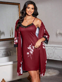 LuxeNights 2 Peças Conjunto: Camisola Noturna e Robe com Estampa de Retalhos de Renda