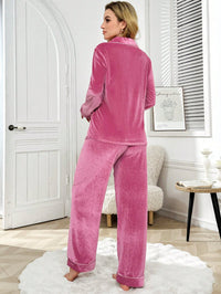 LuxeNights Conjunto de Pijama Veludo Fofo com Recorte Contrastante no Bolso, Manga Longa e Calça, Roupas de Outono e Inverno, Confortável