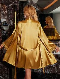 SilkySpell Conjunto de Pijama Elegante com Robe de Manga Longa com Contraste de Renda e Cinto, e Vestido Camisole com Bainha Fendida, Roupas de Outono e Inverno