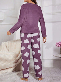 SHEIN Conjunto de Pijama Flanelado Bordado de Cílios de Manga Longa Fofo, Roupas de Outono e Inverno, Confortável