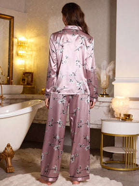 Pijama Feminino de Seda Floral Rosé com Manga Longa e Calça – Nelima