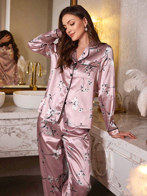Pijama Feminino de Seda Floral Rosé com Manga Longa e Calça – Nelima
