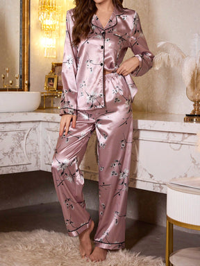 Pijama Feminino de Seda Floral Rosé com Manga Longa e Calça – Nelima