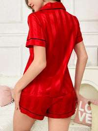 LuxeNights Conjunto de Pijama Curto com Top de Manga Curta e Shorts em Tecido Dobby com Listras Sólidas, Bolso, Bordado de Letra, Vermelho, Lingerie de Primavera/Verão para Noivas