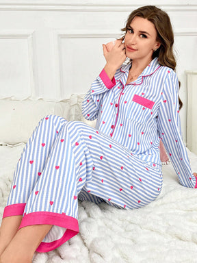 Pijama Feminino Listrado Azul com Corações Rosas - Nelima