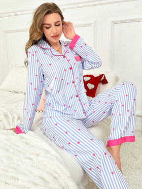 Pijama Feminino Listrado Azul com Corações Rosas - Nelima