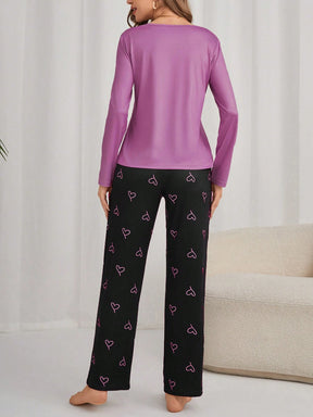 Conjunto de Pijama Feminino com Estampa de Coração, Manga Longa e Calça