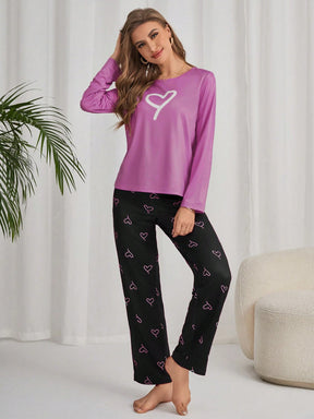 Conjunto de Pijama Feminino com Estampa de Coração, Manga Longa e Calça