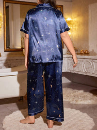 Pijama Feminino Plus Size Cetim Azul com Estampa de Lua e Estrelas - Nelima
