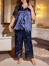 Pijama Feminino Plus Size Cetim Azul com Estampa de Lua e Estrelas - Nelima