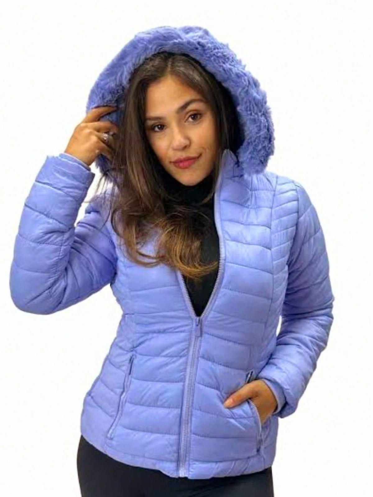 Jaqueta Puffer Feminina Azul Forrada e Impermeável com Capuz Removível - Nelima