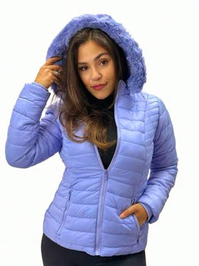 Jaqueta Puffer Feminina Azul Forrada e Impermeável com Capuz Removível - Nelima