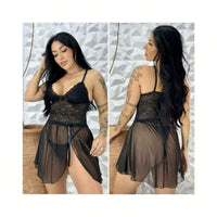 Vendedor Indicadocamisola feminina em tule com detalhes em renda, com fenda lateral