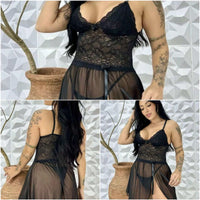 Vendedor Indicadocamisola feminina em tule com detalhes em renda, com fenda lateral