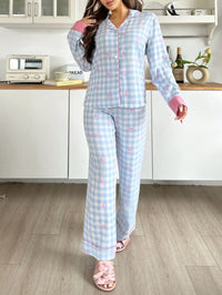 SweetSlumber Conjunto de Pijama Feminino Xadrez com Laço e Pregas