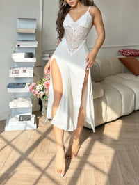 Slumberist Camisola Longa Noturna Feminina com Fenda Lateral Sexy e Recorte em Renda